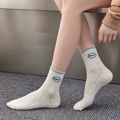 [littlecrab] Kaos Kaki Rajut Biru Base Putih Cream White Knit Blue Love Bear Sun Import Sock High Quality Korean Style