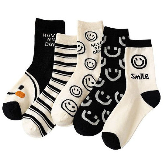 [littlecrab] Kaos Kaki Panjang Hitam Putih Smiley Emoticon Senyum Have A Nice Day Full Cotton Import Sock Stripe Smile Korean Style