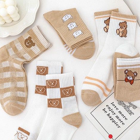 [littlecrab] Kaos Kaki Panjang Teddy Bear Brown Chocolate White Import Sock Beruang Square Coklat Putih High Quality Korean Style