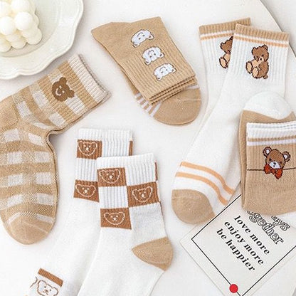 [littlecrab] Kaos Kaki Panjang Teddy Bear Brown Chocolate White Import Sock Beruang Square Coklat Putih High Quality Korean Style