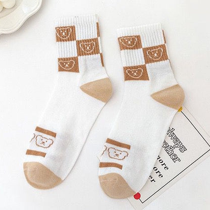 [littlecrab] Kaos Kaki Panjang Teddy Bear Brown Chocolate White Import Sock Beruang Square Coklat Putih High Quality Korean Style