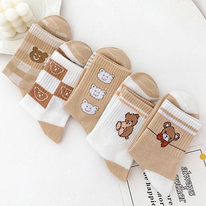 [littlecrab] Kaos Kaki Panjang Teddy Bear Brown Chocolate White Import Sock Beruang Square Coklat Putih High Quality Korean Style
