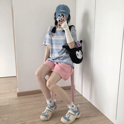 [littlecrab] Kaos Oversize Stripe Bear Bordir T-shirt Pattern Garis Two Tone Simple Aesthetic Beruang Happy Party Dancing Bear Korean Style