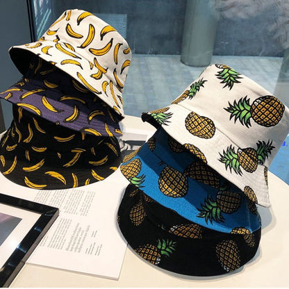 [littlecrab] Topi Bucket Motif Hawai Pisang Nenas 2 Sisi Two Side Fruit Fisherman Hat Unisex High Quality Korean Retro Style