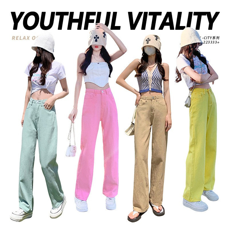 [littlecrab] Celana Jeans Panjang Colorful Pink Hijau Kuning Coklat Loose Jeans Korean Style Highwaist Simple Elegan Import Premium Long Pants Casual