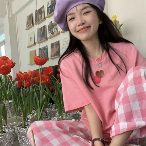 [littlecrab] Setelan Wanita Daily Set Pink Love Celana Square One Set Oversize Pinky Girl Simple Aesthetic Korean Style