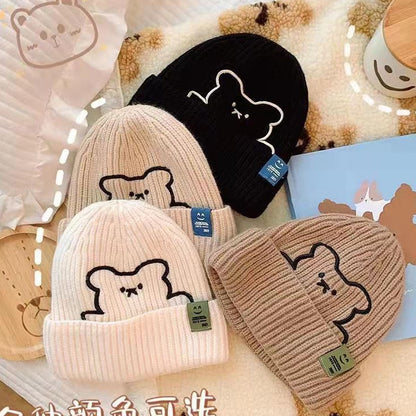 [littlecrab] Topi Knit Kupluk Beanie Hat Rajut Bahan Tebal Colorful Smooth Bahan Halus Lembut High Quality Bordir Motif Bear Lucu Unik Korean Style