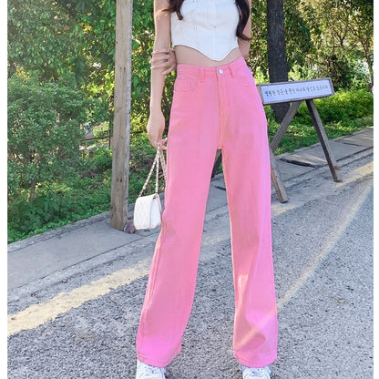 [littlecrab] Celana Jeans Panjang Colorful Pink Hijau Kuning Coklat Loose Jeans Korean Style Highwaist Simple Elegan Import Premium Long Pants Casual