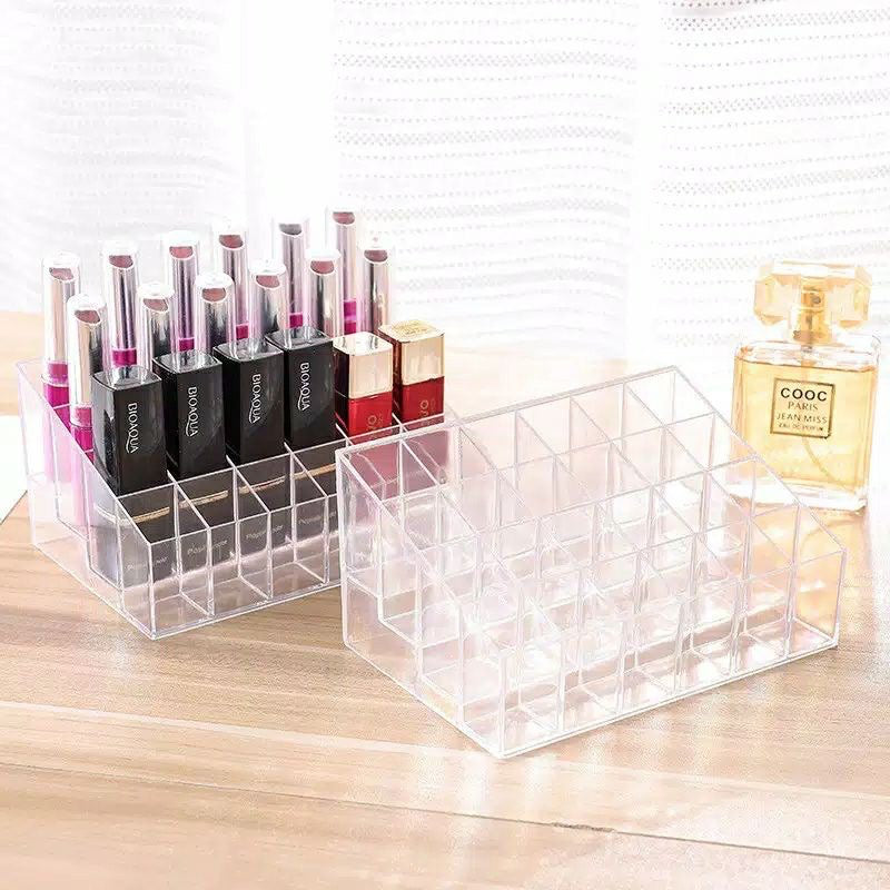 HR-Rak Lipstik 24 Slot Lubang Penyimpanan Tempat Kutek Kosmetik Lipstick Display Rack 24 Grid Storage Box Organizer Serbaguna