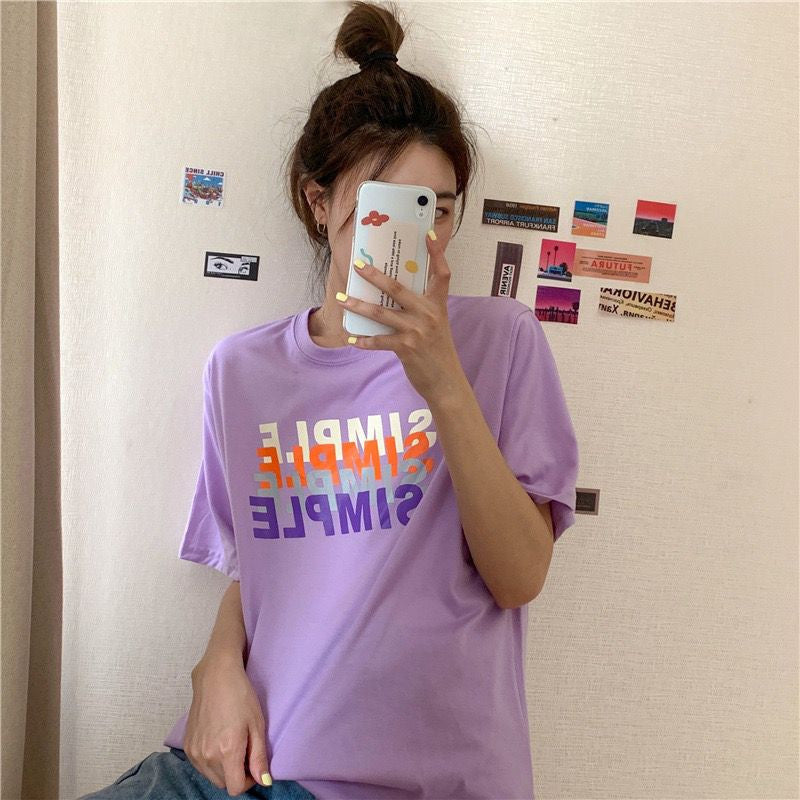 [littlecrab] Kaos Oversize Simple Lilac Putih Sablon Huruf Colorful Shadow T-shirt Aesthetic Unisex Polos Simpel Korean Style