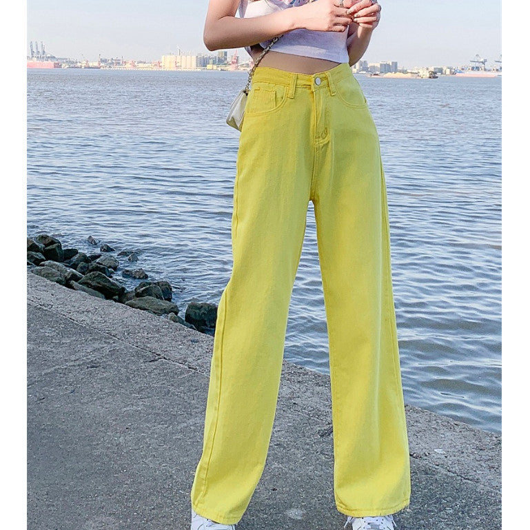 [littlecrab] Celana Jeans Panjang Colorful Pink Hijau Kuning Coklat Loose Jeans Korean Style Highwaist Simple Elegan Import Premium Long Pants Casual