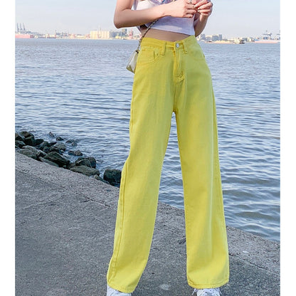 [littlecrab] Celana Jeans Panjang Colorful Pink Hijau Kuning Coklat Loose Jeans Korean Style Highwaist Simple Elegan Import Premium Long Pants Casual