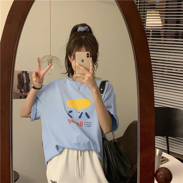 Kaos Oversize Bread Roti Soft Color Biru Lilac Putih Sablon Cloudy Japanese Simple Aesthetic Health Flavor Fresh Unisex Korean Style