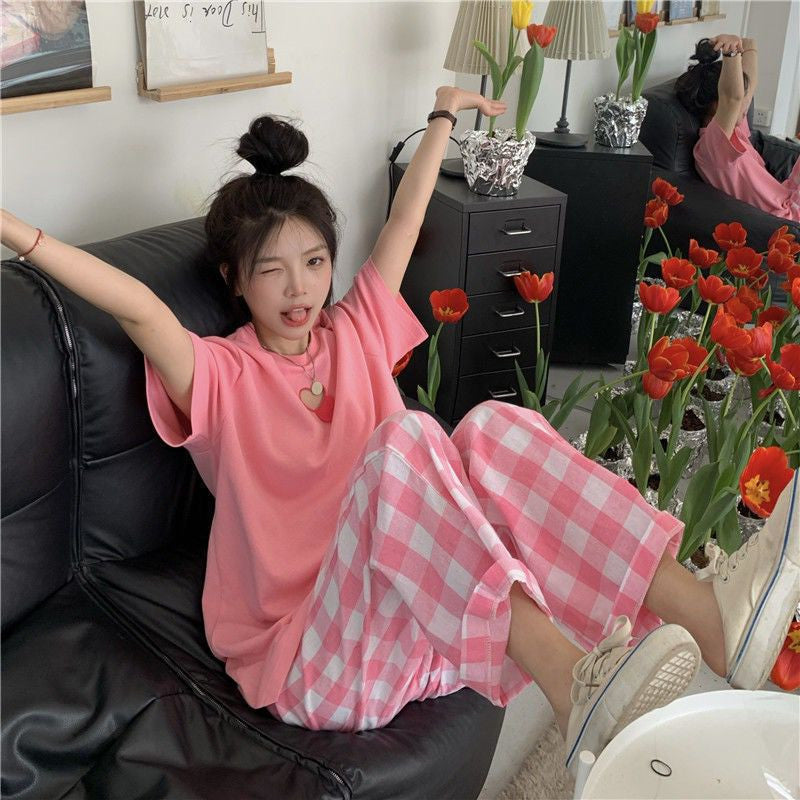 [littlecrab] Setelan Wanita Daily Set Pink Love Celana Square One Set Oversize Pinky Girl Simple Aesthetic Korean Style
