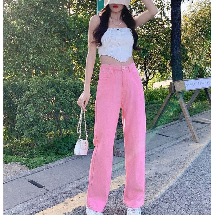 [littlecrab] Celana Jeans Panjang Colorful Pink Hijau Kuning Coklat Loose Jeans Korean Style Highwaist Simple Elegan Import Premium Long Pants Casual