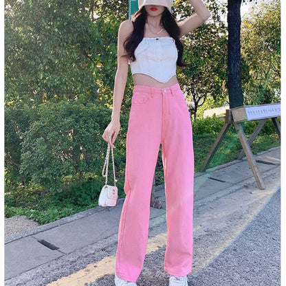 [littlecrab] Celana Jeans Panjang Colorful Pink Hijau Kuning Coklat Loose Jeans Korean Style Highwaist Simple Elegan Import Premium Long Pants Casual