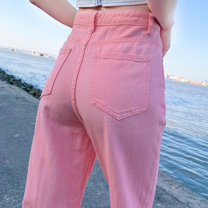[littlecrab] Celana Jeans Panjang Colorful Pink Hijau Kuning Coklat Loose Jeans Korean Style Highwaist Simple Elegan Import Premium Long Pants Casual