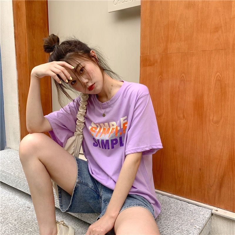 [littlecrab] Kaos Oversize Simple Lilac Putih Sablon Huruf Colorful Shadow T-shirt Aesthetic Unisex Polos Simpel Korean Style