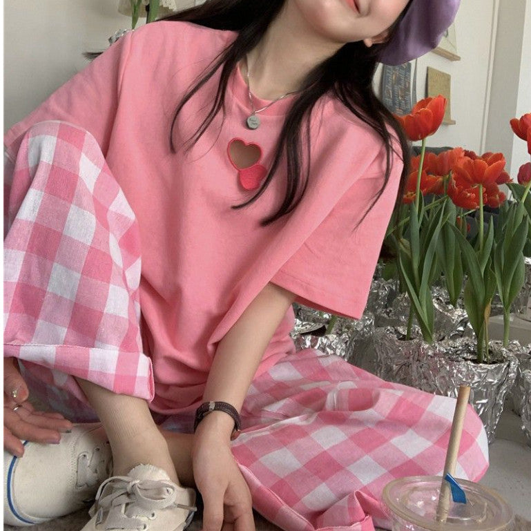[littlecrab] Setelan Wanita Daily Set Pink Love Celana Square One Set Oversize Pinky Girl Simple Aesthetic Korean Style