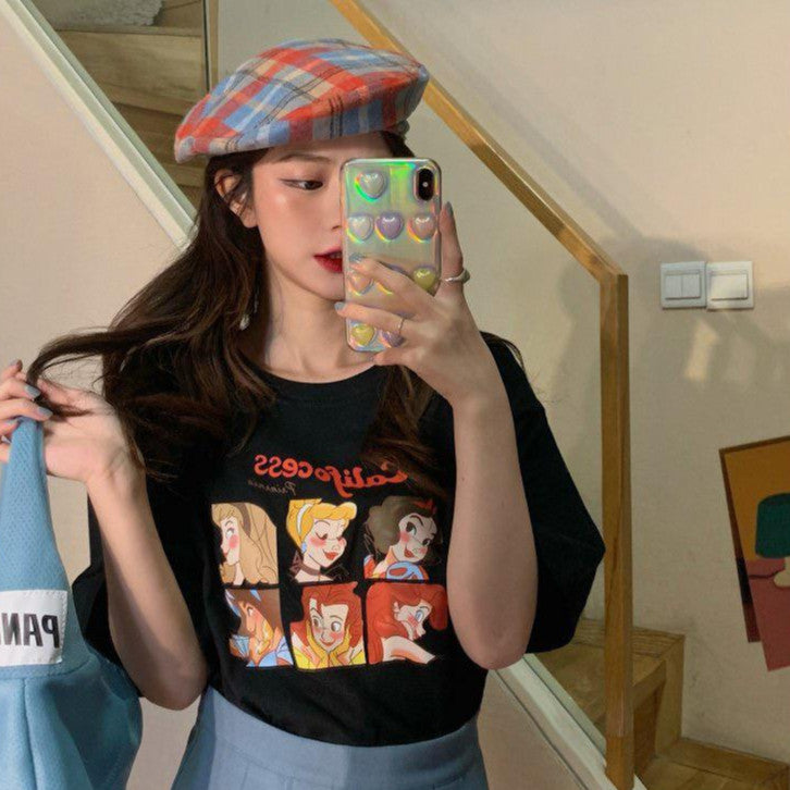 [littlecrab] Kaos Oversize Princess Family Califocess T-shirt Motif Puzzle Tuan Putri Snow White Jasmine Simple Aesthetic Couple Unisex Korean Style