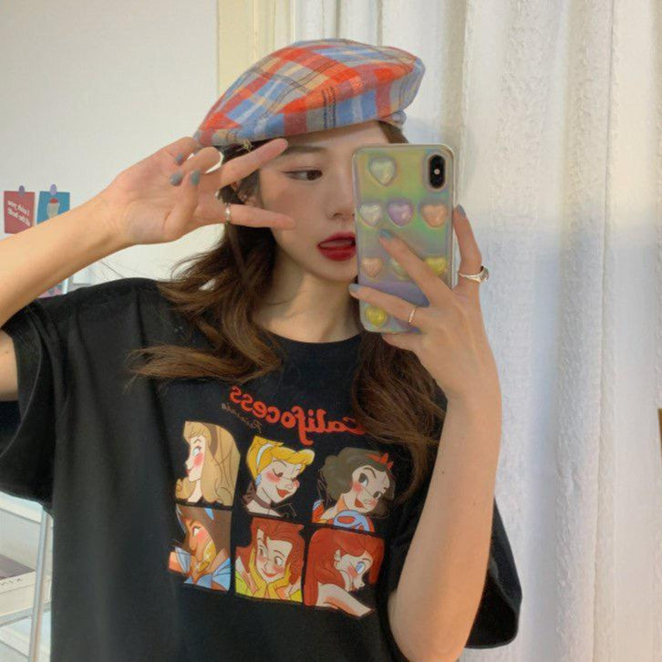 [littlecrab] Kaos Oversize Princess Family Califocess T-shirt Motif Puzzle Tuan Putri Snow White Jasmine Simple Aesthetic Couple Unisex Korean Style