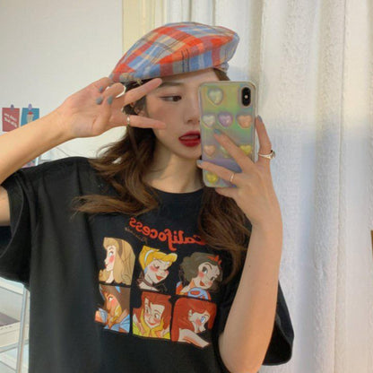 [littlecrab] Kaos Oversize Princess Family Califocess T-shirt Motif Puzzle Tuan Putri Snow White Jasmine Simple Aesthetic Couple Unisex Korean Style