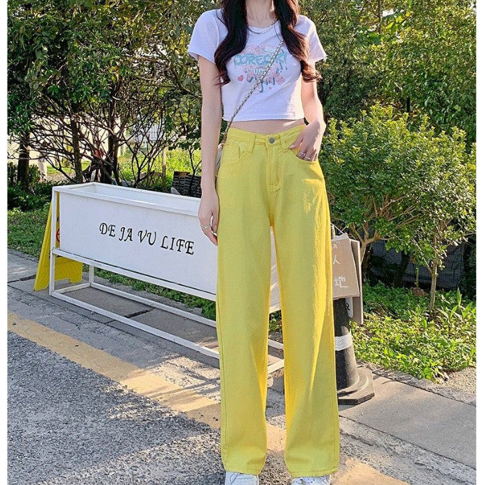 [littlecrab] Celana Jeans Panjang Colorful Pink Hijau Kuning Coklat Loose Jeans Korean Style Highwaist Simple Elegan Import Premium Long Pants Casual