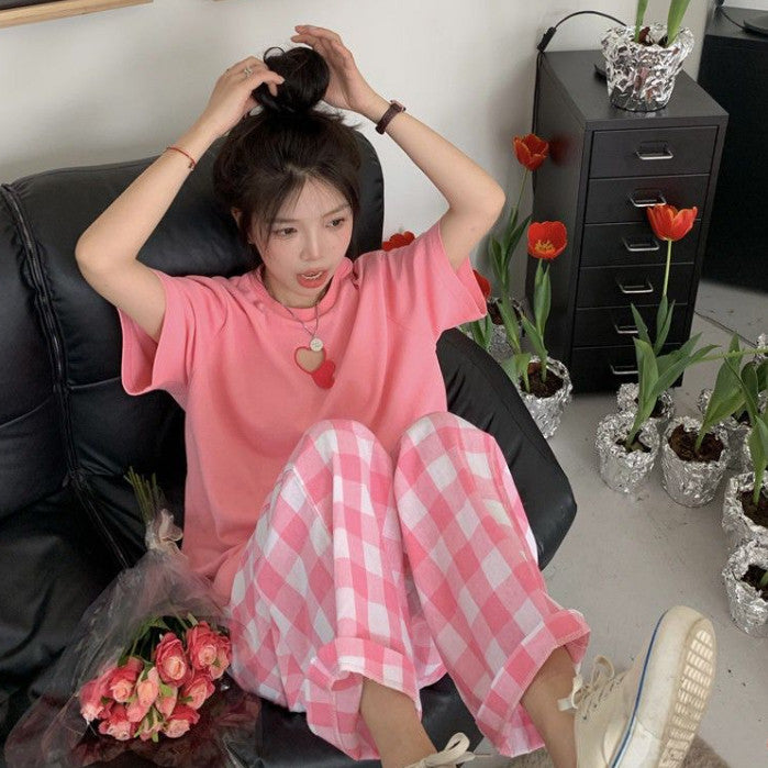 [littlecrab] Setelan Wanita Daily Set Pink Love Celana Square One Set Oversize Pinky Girl Simple Aesthetic Korean Style