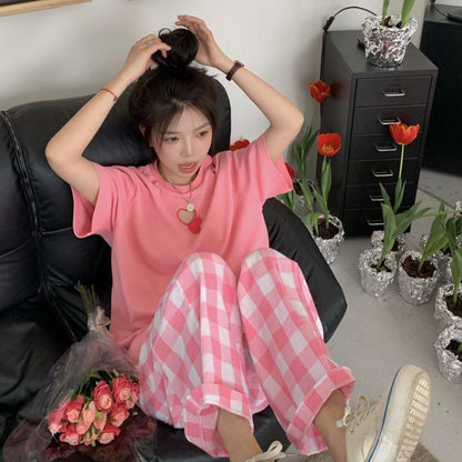 [littlecrab] Setelan Wanita Daily Set Pink Love Celana Square One Set Oversize Pinky Girl Simple Aesthetic Korean Style