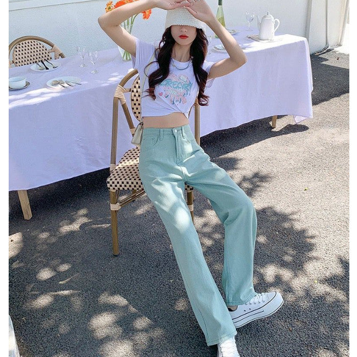 [littlecrab] Celana Jeans Panjang Colorful Pink Hijau Kuning Coklat Loose Jeans Korean Style Highwaist Simple Elegan Import Premium Long Pants Casual