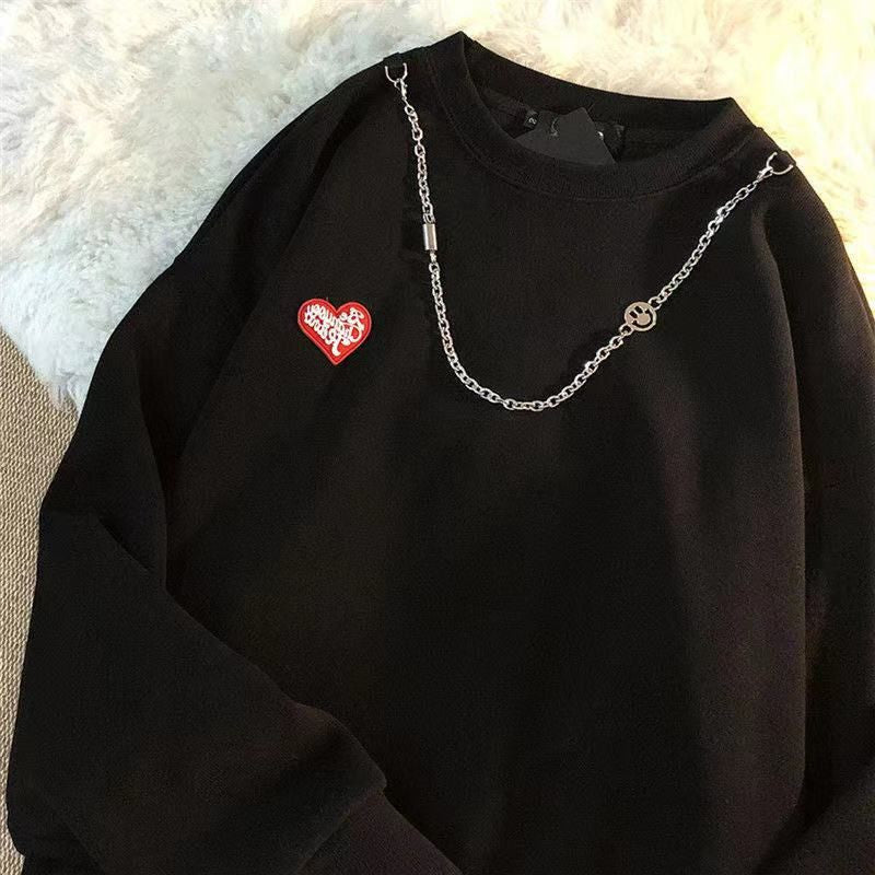[littlecrab] Kaos Lengan  Panjang Love Mini Kecil With Additional Chain Tambahan Jahitan Baju Bawah Sweater Couple Unisex Berkualitas Street Style Rantai Korean Style