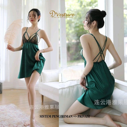 Pekanbaru Lingerie Seksi Set Free Size D-17 Dress Satin Double Cross Tie V Neck Baju Tidur Wanita Baju Dinas Malam Panjang