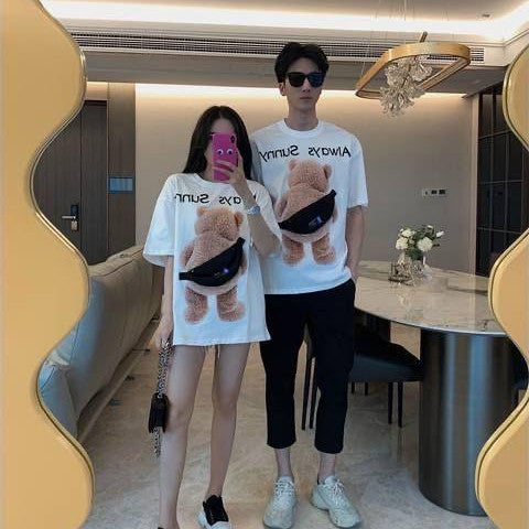 [littlecrab] Kaos Oversize Teddy Bear Sling Bag Always Sunny Beruang Tas Kantong Kaus Gambar 3d Waistbag Baju Serbaguna Motif Unik Tshirt With Bag