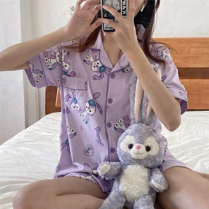[littlecrab] Baju Tidur Set Kemeja Lengan Pendek Celana Pendek Piyama Setelan Full Pattern Piyama Kancing Depan Unik Motif Lucu Korean Style Sleep Wear Hot Pants Model Shirt