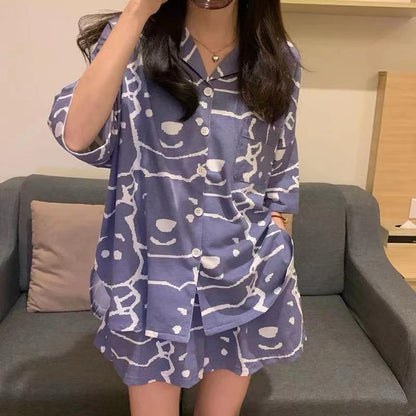 [littlecrab] Baju Tidur Set Kemeja Lengan Pendek Celana Pendek Piyama Setelan Full Pattern Piyama Kancing Depan Unik Motif Lucu Korean Style Sleep Wear Hot Pants Model Shirt