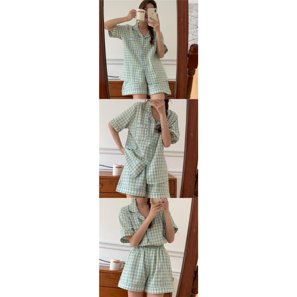 [littlecrab] Baju Tidur Set Kemeja Lengan Pendek Celana Pendek Piyama Setelan Full Pattern Piyama Kancing Depan Unik Motif Lucu Korean Style Sleep Wear Hot Pants Model Shirt