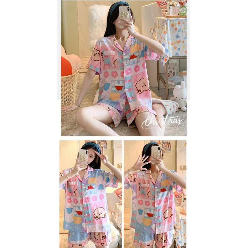 [littlecrab] Baju Tidur Set Kemeja Lengan Pendek Celana Pendek Piyama Setelan Full Pattern Piyama Kancing Depan Unik Motif Lucu Korean Style Sleep Wear Hot Pants Model Shirt
