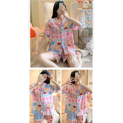 [littlecrab] Baju Tidur Set Kemeja Lengan Pendek Celana Pendek Piyama Setelan Full Pattern Piyama Kancing Depan Unik Motif Lucu Korean Style Sleep Wear Hot Pants Model Shirt