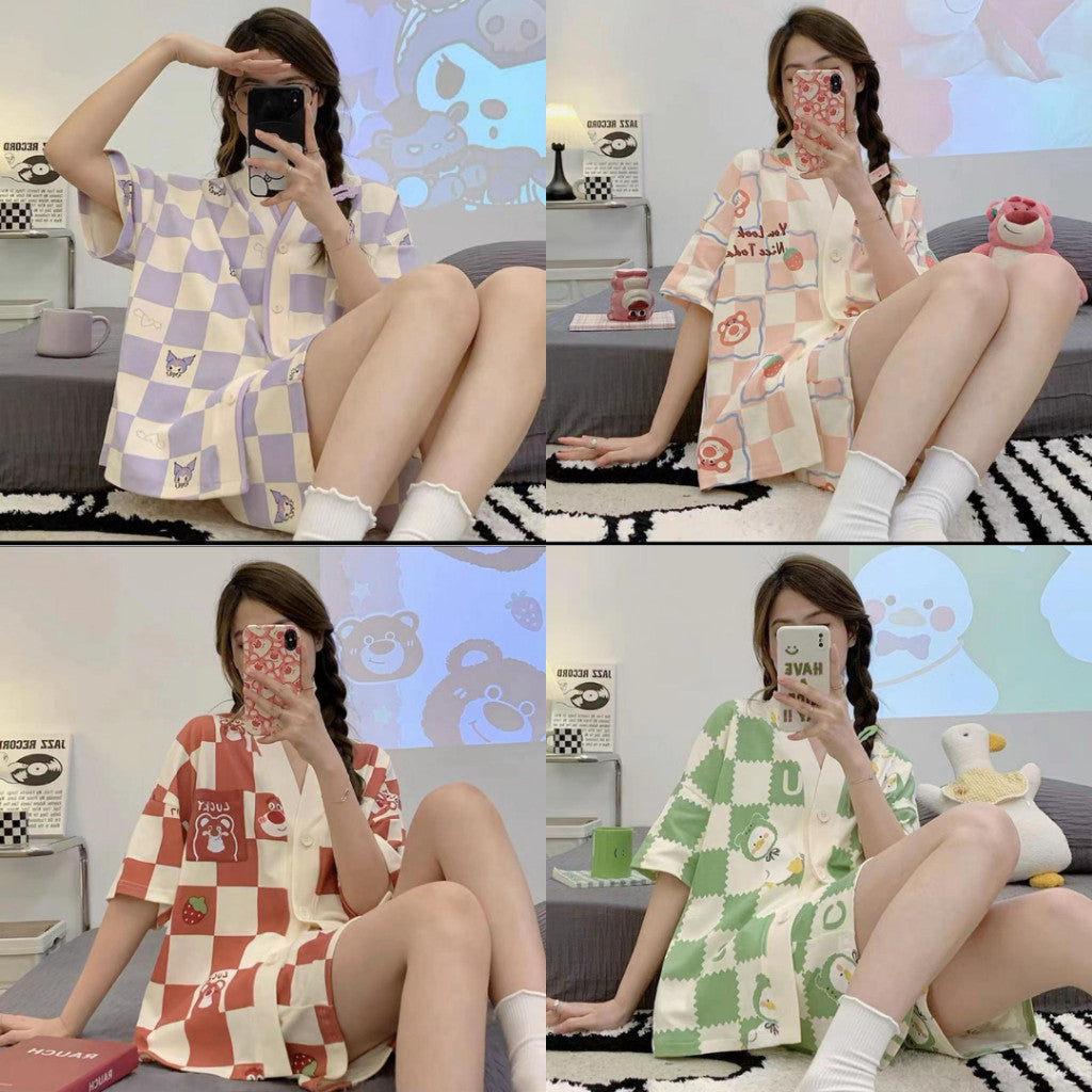 [littlecrab] Baju Tidur Set Kancing Lengan Pendek Celana Pendek Piyama Setelan Full Pattern Lotso Sanrio Awan Bunga Sleep Wear Hot Pants Model Shirt Korean Style