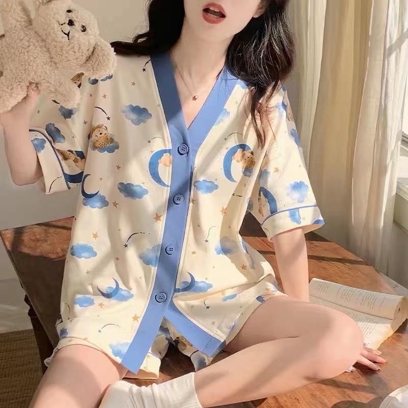 [littlecrab] Baju Tidur Set Kancing Lengan Pendek Celana Pendek Piyama Setelan Full Pattern Lotso Sanrio Awan Bunga Sleep Wear Hot Pants Model Shirt Korean Style