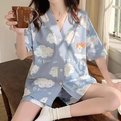 [littlecrab] Baju Tidur Set Kancing Lengan Pendek Celana Pendek Piyama Setelan Full Pattern Lotso Sanrio Awan Bunga Sleep Wear Hot Pants Model Shirt Korean Style