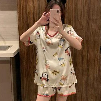 [littlecrab] Baju Tidur Licin Lengan Pendek Celana Pendek Satin Setelan Full Pattern Piyama Cartoon Unik Lucu Korean Style Sleep Wear Hot Pants Kaos Aesthetic