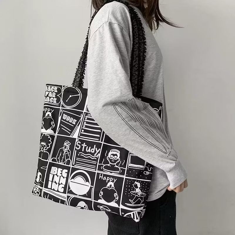 Pekanbaru Tote Bag Tas Samping Kanvas Totebag  Karakter Kartun Lucu Wanita Fashion