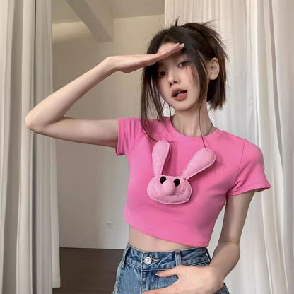 [littlecrab] Kaos Pink Jepitan Kelinci Jelek / Kaos Oversize Crop Top Rabbit Pin / Full Pink Aesthetic Korean Style