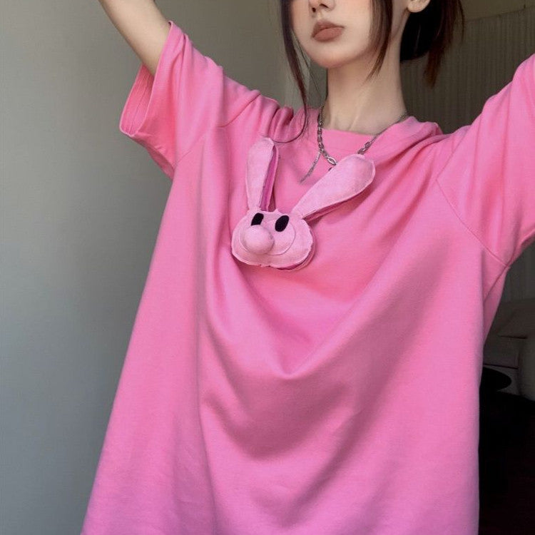 [littlecrab] Kaos Pink Jepitan Kelinci Jelek / Kaos Oversize Crop Top Rabbit Pin / Full Pink Aesthetic Korean Style
