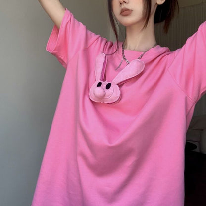 [littlecrab] Kaos Pink Jepitan Kelinci Jelek / Kaos Oversize Crop Top Rabbit Pin / Full Pink Aesthetic Korean Style
