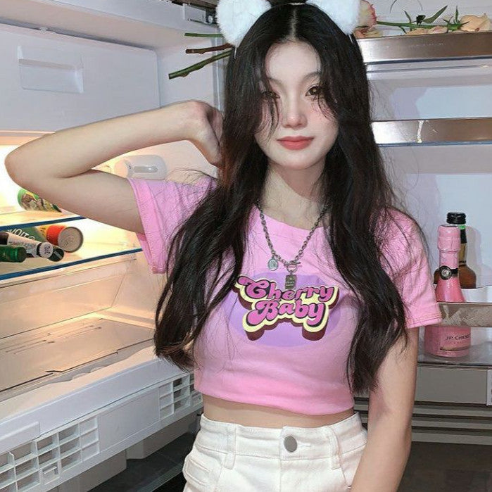 [littlecrab] Crop Top Cherry Baby / Lettering Top Atasan Wanita Hitam Putih Pink Sablon / T-shirt Crop Korean Style