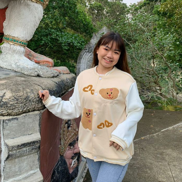 [littlecrab] Jaket Versity Baseball Motif Bear Beruang Two Tone Cream Putih Jacket Varsity Tebal Berkualitas Premium Outer Unik Love Bordir Korean Style