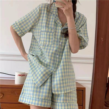 [littlecrab] Baju Tidur Set Kemeja Lengan Pendek Celana Pendek Piyama Setelan Full Pattern Piyama Kancing Depan Unik Motif Lucu Korean Style Sleep Wear Hot Pants Model Shirt