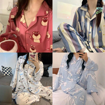 [littlecrab] Baju Tidur Set Kemeja Lengan Panjang Celana Panjang Piyama Setelan Full Pattern Kancing Depan Unik Motif Lucu Korean Style Sleep Wear